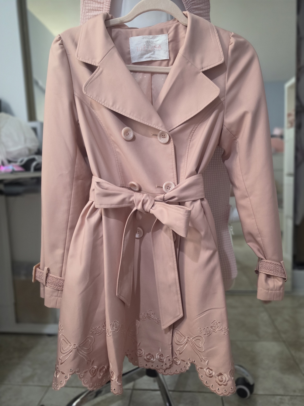 RARE LIZ LISA Blush Pink Double-Breasted Bow-Waist Trench Coat